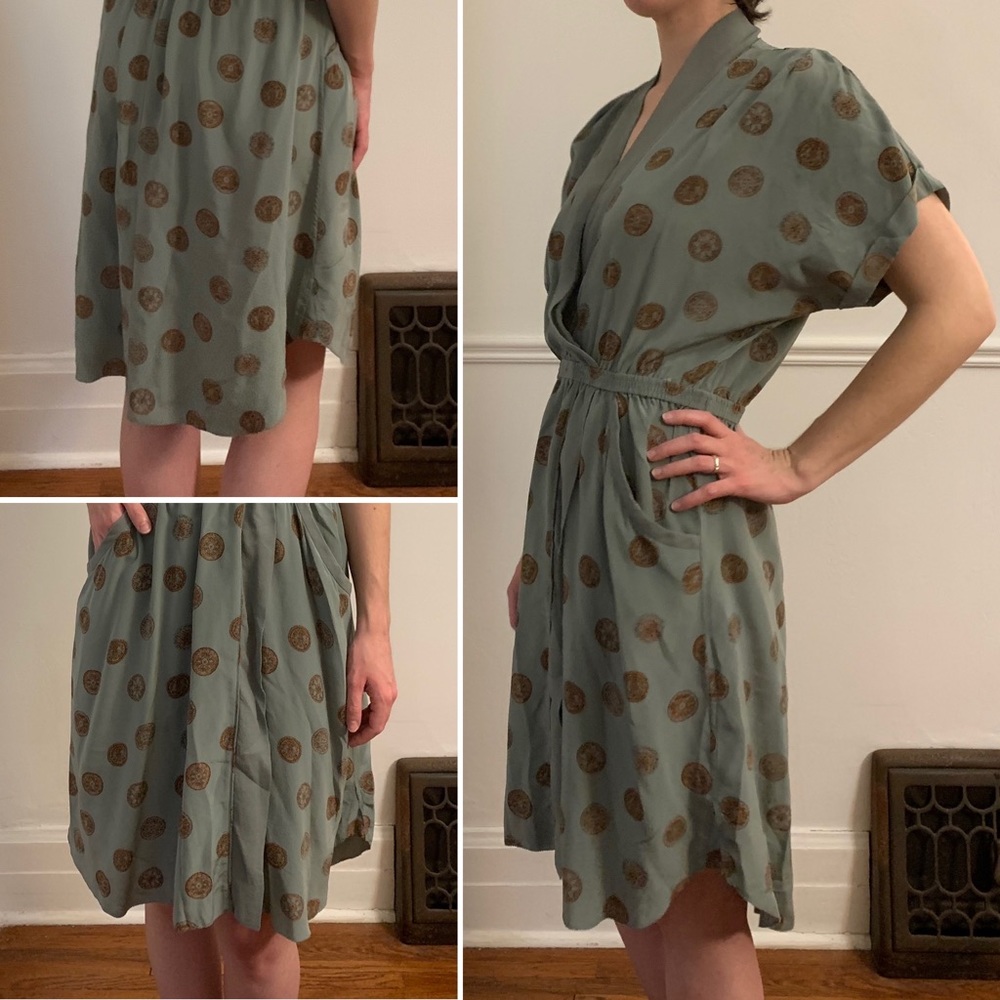 100% silk sage green kimono style dress with gold coin print by Wilfred
